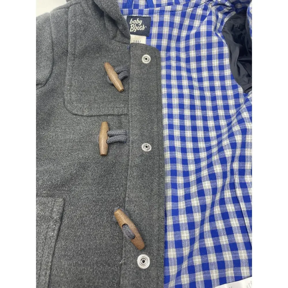 Baby B'gosh Duffle Coat Boys 18-24 Months Gray Hooded Gingham Toggle Pockets